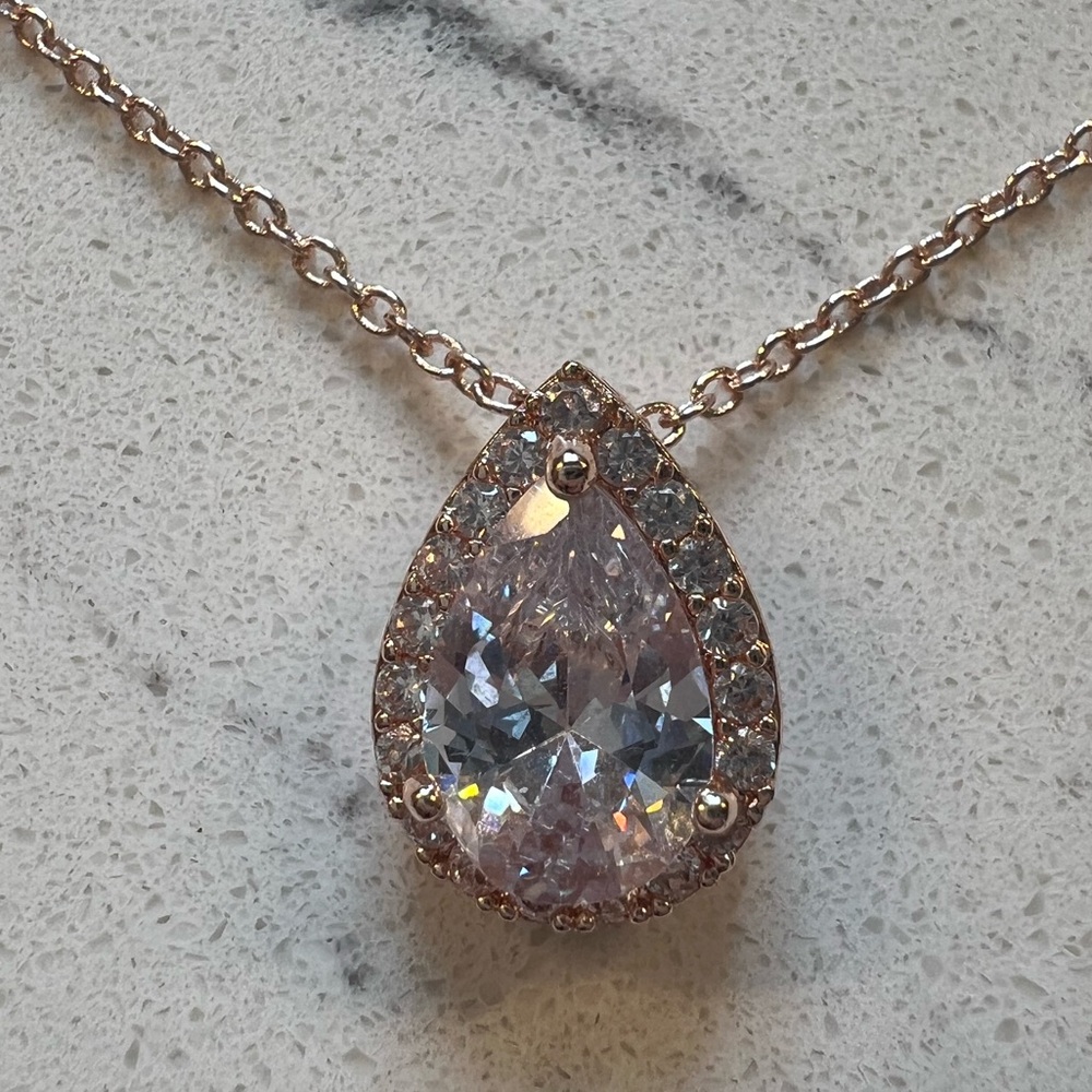 Rose gold faux diamond teardrop necklace